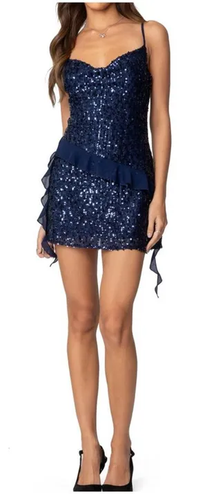 Edikted Sequin Ruffle Cowl Neck Mini Dress Navy Blue Women’s Size Small NWT thumbnail 1