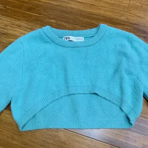 ZARA Teal Blue Fuzzy Cropped Sweater Long Sleeve Crew Neck Super Cropped Medium‎ thumbnail 2