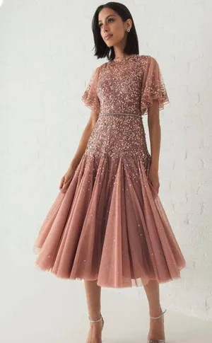 Mac Duggal Pink Cape Sleeve Beaded Tea Length Drop Waist Dress size 6 C9 thumbnail 1