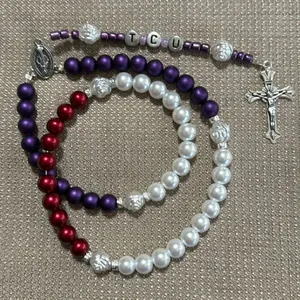 Handmade Rosary. TCU. Painted glass beads and metal alloy and plastic pieces. thumbnail 1