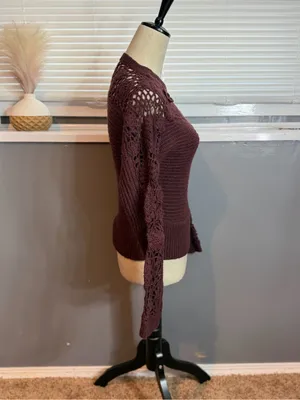 Zara Burgundy Crochet Floral Knit Sweater Wool Blend Medium thumbnail 5