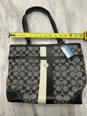 Coach Signature Stripe Tote Black Gray Canvas Leather Shoulder Bag thumbnail 12