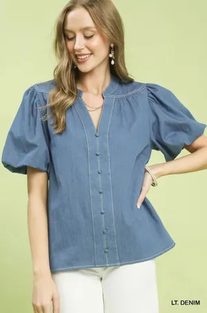 Umgee Denim Button Front Puff Sleeve Boho Blouse - Large thumbnail 1