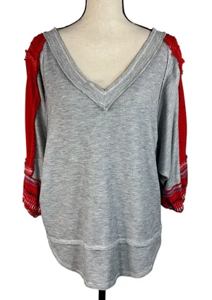 Free People Large Thermal Top We the Free Stretch V-Neck Embroidered Dolman Gray thumbnail 1