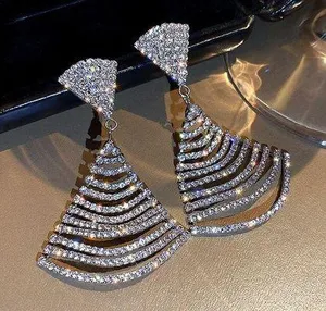 Women's Silver Plated Fan-Shaped Rhinestone Dangle Drop Earrings thumbnail 1