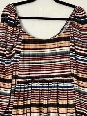 Zara Striped Babydoll Mini Dress Puff Sleeve Earthy Artsy‎ Festival Boho Medium thumbnail 11