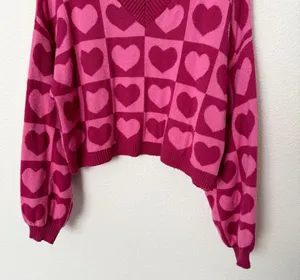 [Sincerely Jules] Pink Geometric Heart Print V-Neck Oversized Sweater Sz Medium thumbnail 5