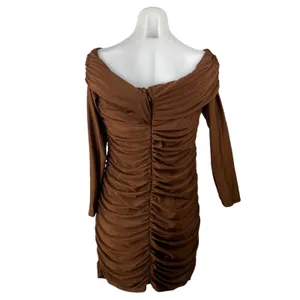 NEW Lulus Brown Ruched Draped Off the Shoulder Long Sleeve Mini Bodycon Dress XL thumbnail 4