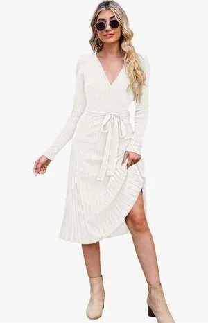 NEW Wrap Sweater Dress Long Sleeve Ribbed Knit Midi Dress NO Belt L thumbnail 1