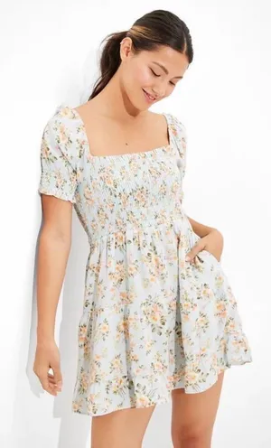 American Eagle Floral Smocked Mini Dress Blue Linen Blend Boho Cottagecore M thumbnail 1