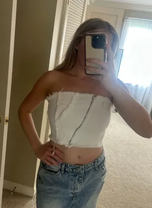 Akira white denim cropped top with zipper detailing thumbnail 1