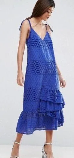 ASOS Blue Eyelet Lace Tie Shoulder Dress thumbnail 1