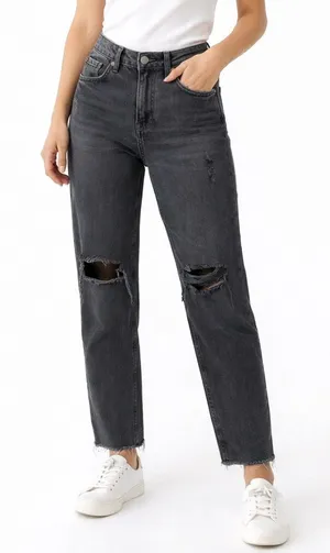 H&M Divided Black Distressed Straight Leg Jeans Size 4 High Rise Ripped Denim‎ thumbnail 1