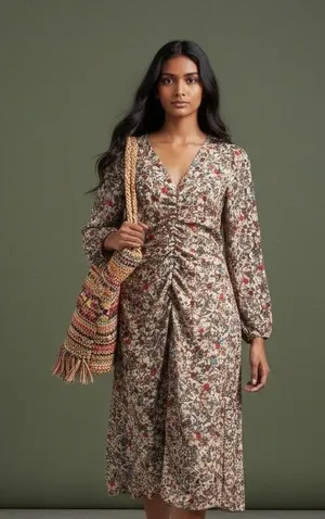 Floral‎ Wildflowers Ditsy Midi Dress Cream XL thumbnail 1