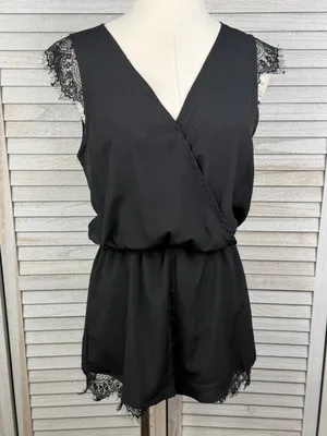 PAPER CRANE Black Lace Cap Sleeve Romper with Crossover V Neckline-Small thumbnail 1