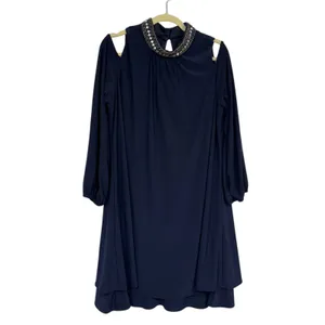 X by Xscape Blue Beaded Collar Formal Mini Dress Women 16 Babydoll Cold Shoulder thumbnail 2