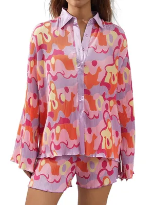 Peppermayo Groovy set long sleeve button down shirt top pleats shorts colorful psychedelic thumbnail 3