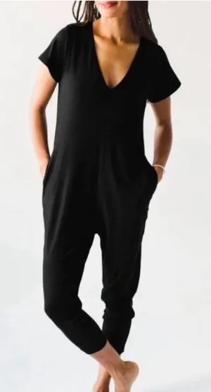 SMASH + TESS (NWT) The Sunday Black Short Sleeve Romper, V Neck, Size M thumbnail 1