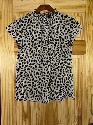 Express Leopard Print Ruffle Neck Blouse - Black & Cream thumbnail 3