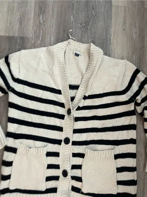 American Eagle Cardigan Womens Medium Ivory Black Striped Knit Shawl Collar thumbnail 7