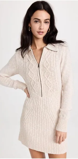 Free People Mont Blanc Mini Dress Cable‎ Knit Zip Quiet Luxury Bodycon M Oatmeal thumbnail 1