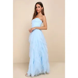 Lulus Women’s Delightful Beauty Blue Mesh Strapless Ruched Ruffled Dress Small thumbnail 6