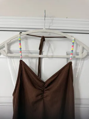 Just Polly Womans Sz Medium Brown Beaded Ribbed Thong Bodysuit Top Retro New thumbnail 3