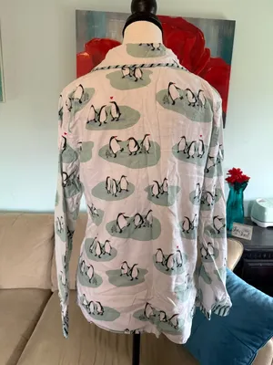 Munki Munki White Mint Green Penguin PJ Top Size M Medium Flannel thumbnail 5