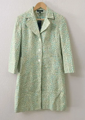 Vintage 90s Express Green Blue White Splatter Trench Coat Jacket Floral Spring thumbnail 1