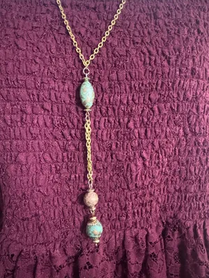 Vintage Gold-Tone Long Pendant Necklace with Turquoise Beads - Women Jewelry thumbnail 3
