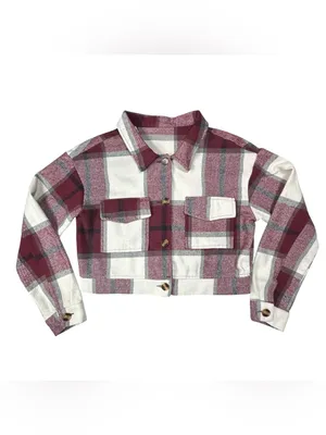 Women’s Cropped Plaid Shacket Jacket Burgundy Cream Size M Button Front thumbnail 2