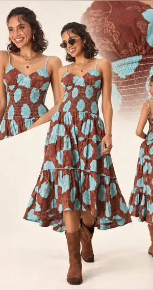 NWT Free People Adriel Floral High-low Midi Dress Nutmeg Blue L $168 thumbnail 1