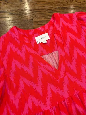 Tuckernuck Pomander Place Kenzo Pink-Red Zigzag Smocked Sleeve Tiered Dress, M thumbnail 3