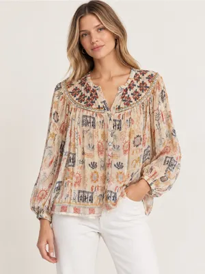 Velvet by Graham & Spencer Blouse Womens M Cream Excellent Embroidered Boho Top thumbnail 1