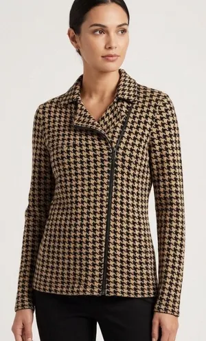 Chaps Houndstooth Knit Moto Jacket Tan Black Asymmetrical Zip Sweater Size Small thumbnail 1