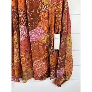 AURA Blouse Womens Size L Patchwork Tie Neck Long Sleeve Bohemian Relaxed Fit thumbnail 6
