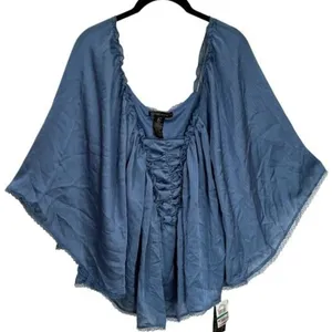 NEW Grass Collection Blue Renaissance Milk Maid Ethereal Fairy Flowy‎ Blouse L thumbnail 2