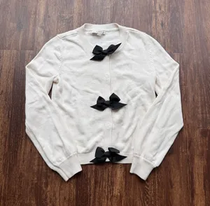 LOFT Women’s Ivory Cardigan Black Satin Bow Ribbon Coquette Crewneck Sweater- XS thumbnail 1