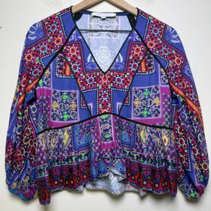 Hunter Bell Women Grayson Linen Patchwork V-Neck Top Medium Blue Mosaic Peplum thumbnail 2