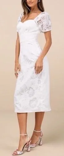 Lulus Odetta Burnout Puff Sleeve Lace-Up Midi Dress Womens Large White Floral thumbnail 1