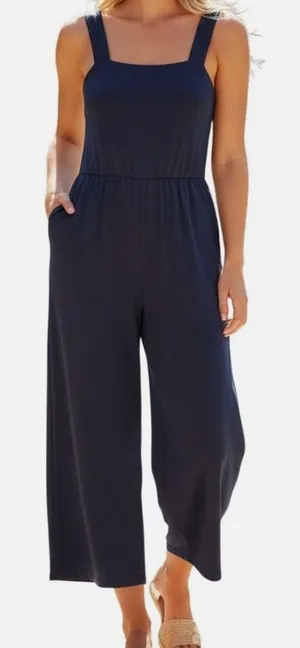 LOFT Navy Smocked Wide Leg Jumpsuit thumbnail 1