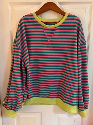 Striped Medium Sweatshirt Pull Over Pink Blue Neon Yellow Green Boho Oversized thumbnail 1