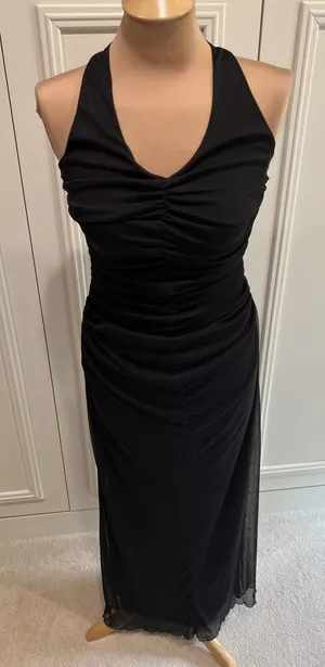 Vintage La Belle Black Ruched Mesh Overlay Maxi Dress Size Medium Gown Halter thumbnail 1