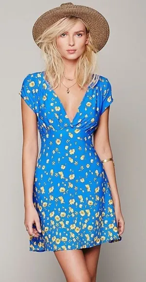 ✨FREE PEOPLE Y2K Blue Yellow Floral Mini Sz 12 Dress✨ thumbnail 1