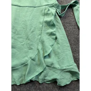 Mint Green Puff Sleeve Ruffle Mini Dress Square Neck Wrap Tie Side‎ Split Large thumbnail 14