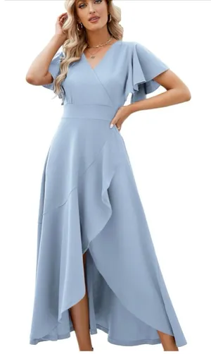 NEW Split Elegant V Neck Wrap Ruffle Wedding Guest Dress L Blue Size L thumbnail 1