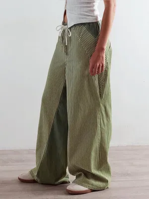 PEIHOT Low Rise Striped Pants for Women Pull On Drawstring Boho Wide Leg Jeans thumbnail 2