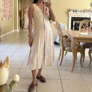 Reformation | Sebastien 100% Linen Gingham Button Front Midi Dress in Natural thumbnail 5