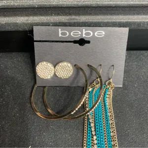bebe Boho Retro Earring Set Hoop Studs Dangle Blue and Silver with Crystals New thumbnail 2