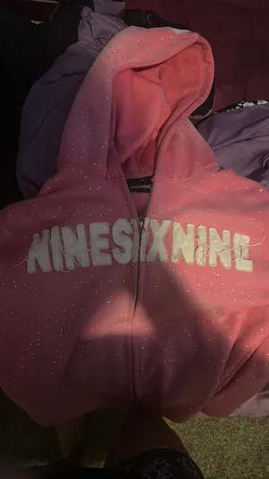 Pink rhinestone hoodie with design and distressed words thumbnail 1